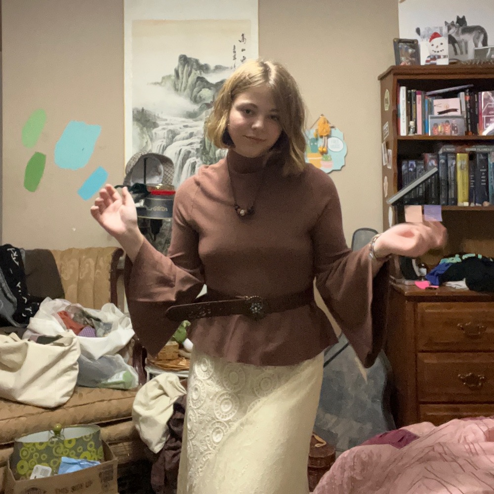 brown flare sleeve mock neck turtleneck